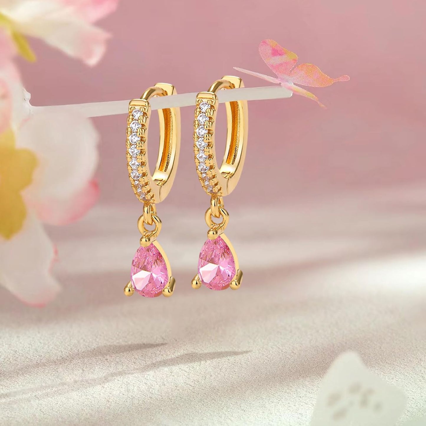 14K Gold Birthstone Trendy Dangle Earrings for Women Teardrop Small Hoop Huggie Hypoallergenic CZ Minimalist Open Earrings Jewelry for Women Gift