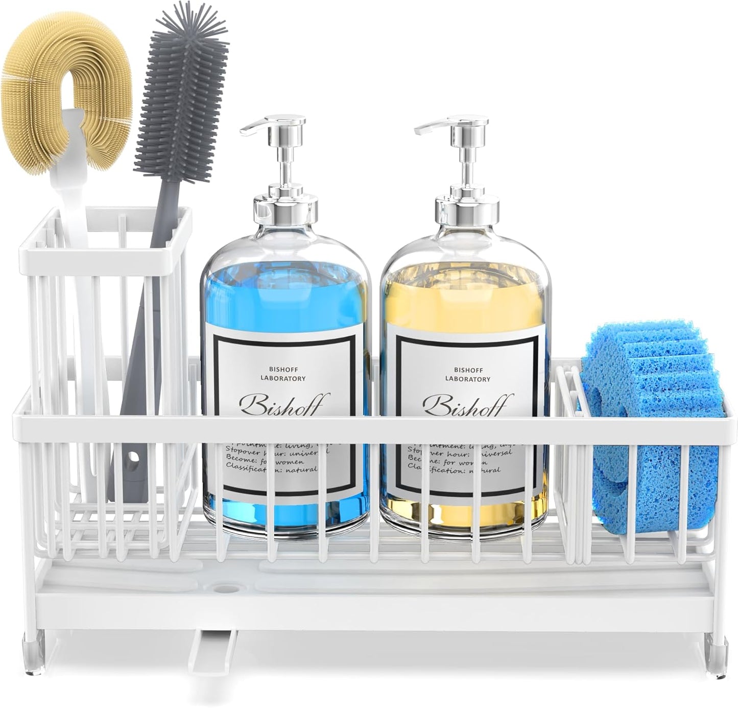 Extra Large Kitchen Sink Caddy, Rustproof Sponge Holder for Kitchen Sink with High Brush Holder, Stainless Steel White Kitchen Caddy Sink Countertop Organizer, Sponge Caddy for Kitchen Sink