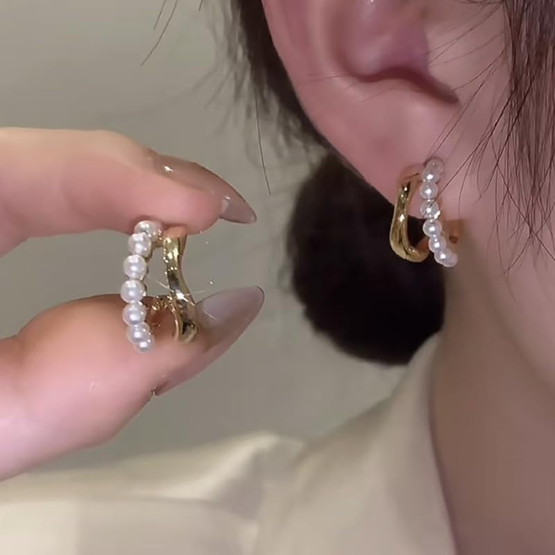 Pearl Hoop Stud Earrings for Women, 14K Gold Square Double Hoop Earrings Dainty Lightweight Studs Jewelry Graduation Birthday Gift for Girls Trendy Earring