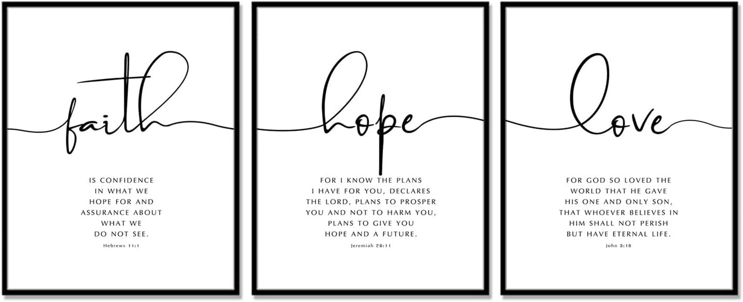 Faith Hope Love Wall Art, Bible Verse Wall Art, Christian Wall Decor, Farmhouse Christian Decor, Bedroom Wall Decor, Hebrews 11, John 3, Jeremiah 29, Scripture Quote, UNFRAMED 11X14Inch