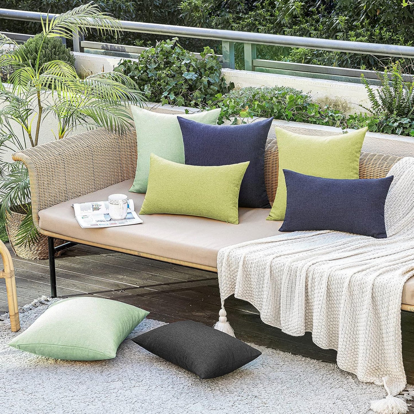 Pack of 2 Decorative Outdoor Solid Waterproof Throw Pillow Covers Faux Linen Garden Farmhouse Cushion Cases for Summer Patio Tent Balcony Couch Sofa 18X18 Inch Navy