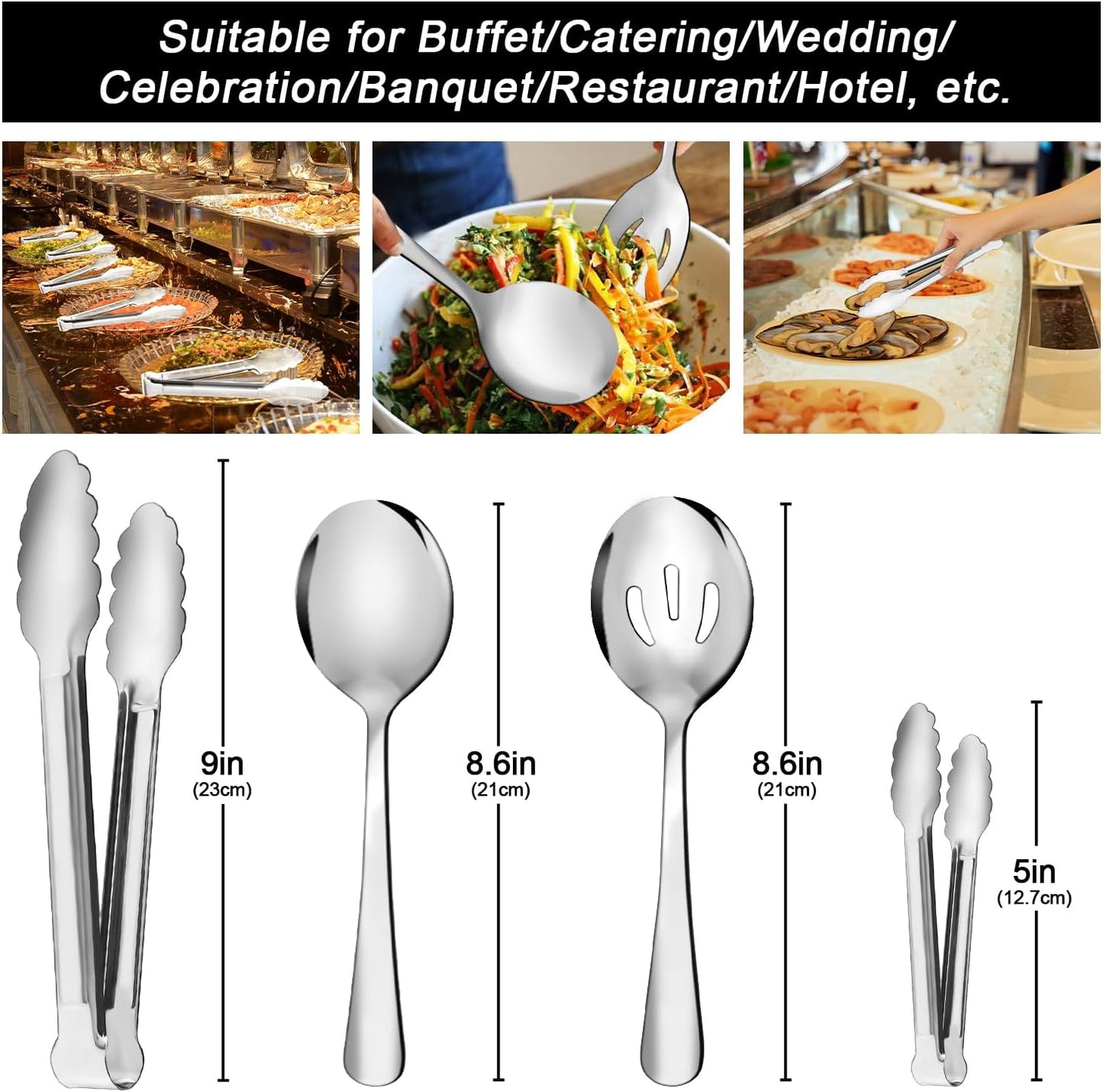 12PCS Stainless Steel Serving Utensils Sets - Large Serving Spoons,Slotted Spoons,Serving Tongs,Appetizer Tongs,Utensills Sets for Buffet Catering Banquet Party (Silver)