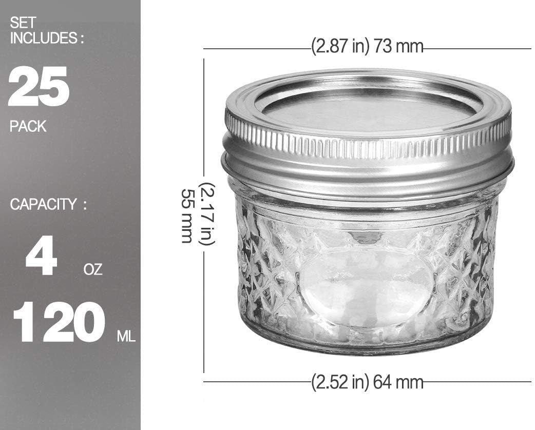 4 Oz Mini Mason Jars with Regular Lids - 25 Pack with Extra 20 Lids, Perfect for Jam, Honey, Wedding and Shower Favors, DIY Spice Storage