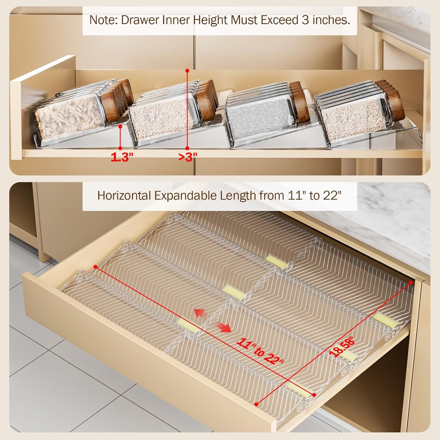 Spice Drawer Organizer, 8 Pack Clear Seasoning Organizer Rack, Kitchen Spice Rack Organizers for Drawer/Countertop (Jars Not Included, Expandable from 11" to 22" Wide)