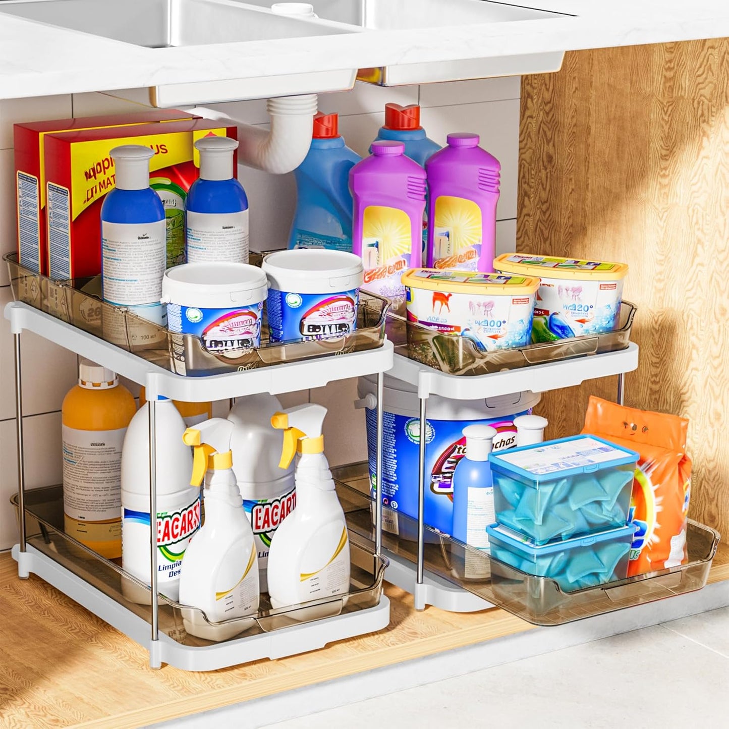 2 Sets of 2-Tier Multi-Purpose Bathroom under Sink Organizers and Storage, Stackable Kitchen Pantry Organization, Pull Out Medicine Cabinet Organizer with 8 Movable Dividers, Amber