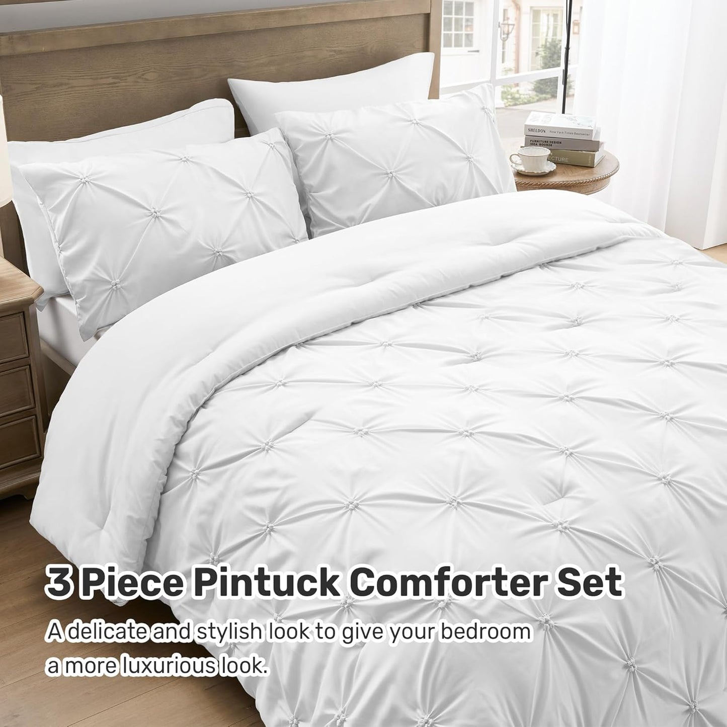 Queen Comforter Set White - Lightweight Soft Pintuck down Alternative Bedding Set for Summer, All Seasons, 3 Pieces Pinch Pleat Solid Bed Set with Comforter, 2 Pillowcases