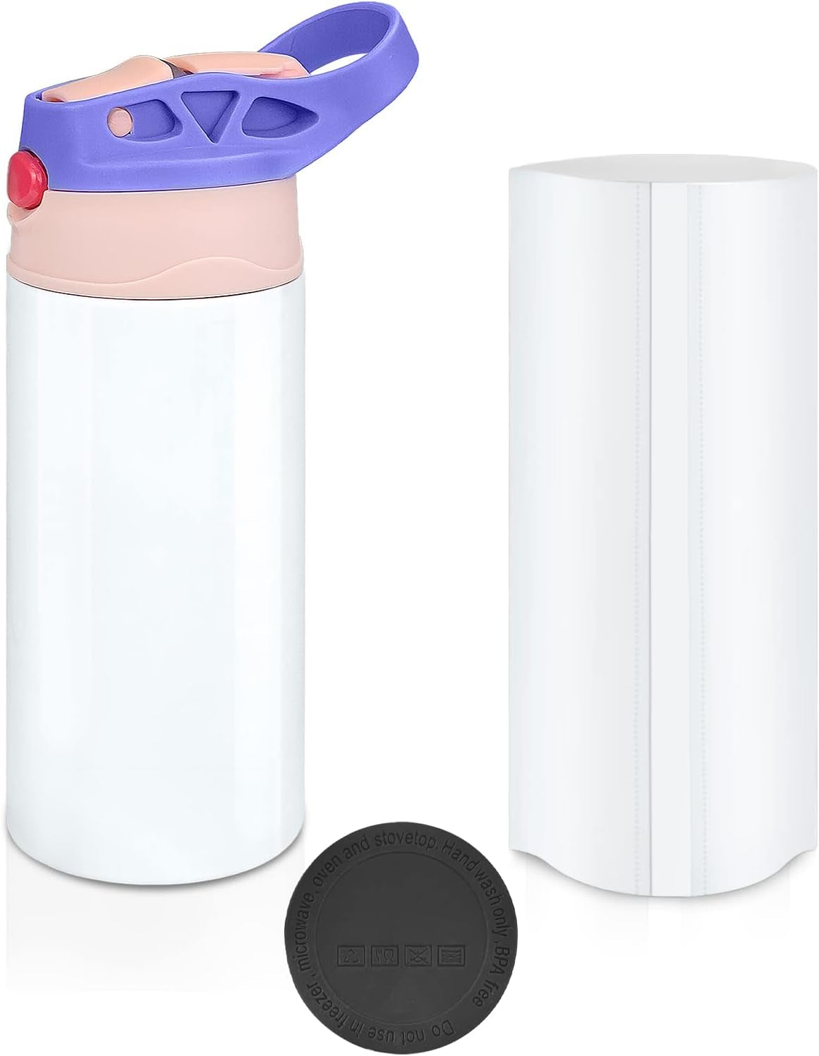 Kids Sublimation Tumbler,12Oz Sublimation Water Bottle Blanks,Straight Stainless Steel Todder Sippy Cup,Double Wall Insulated Sippy Tumbler with Handle,Shrink Films,Leak Proof (Purple)