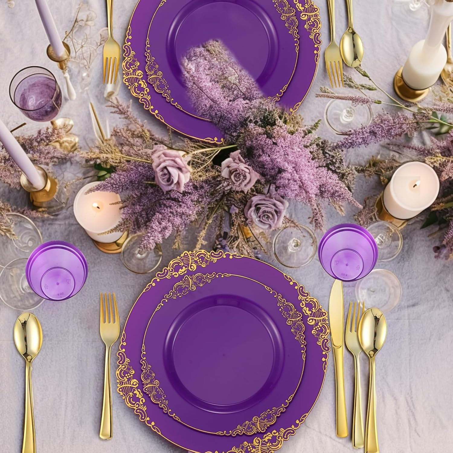 300-Piece Purple and Gold Plastic Dinnerware Set for 50 Guests - Includes Dinner Plates, Dessert Plates, Cutlery, and Cups for Weddings and Birthday Celebrations