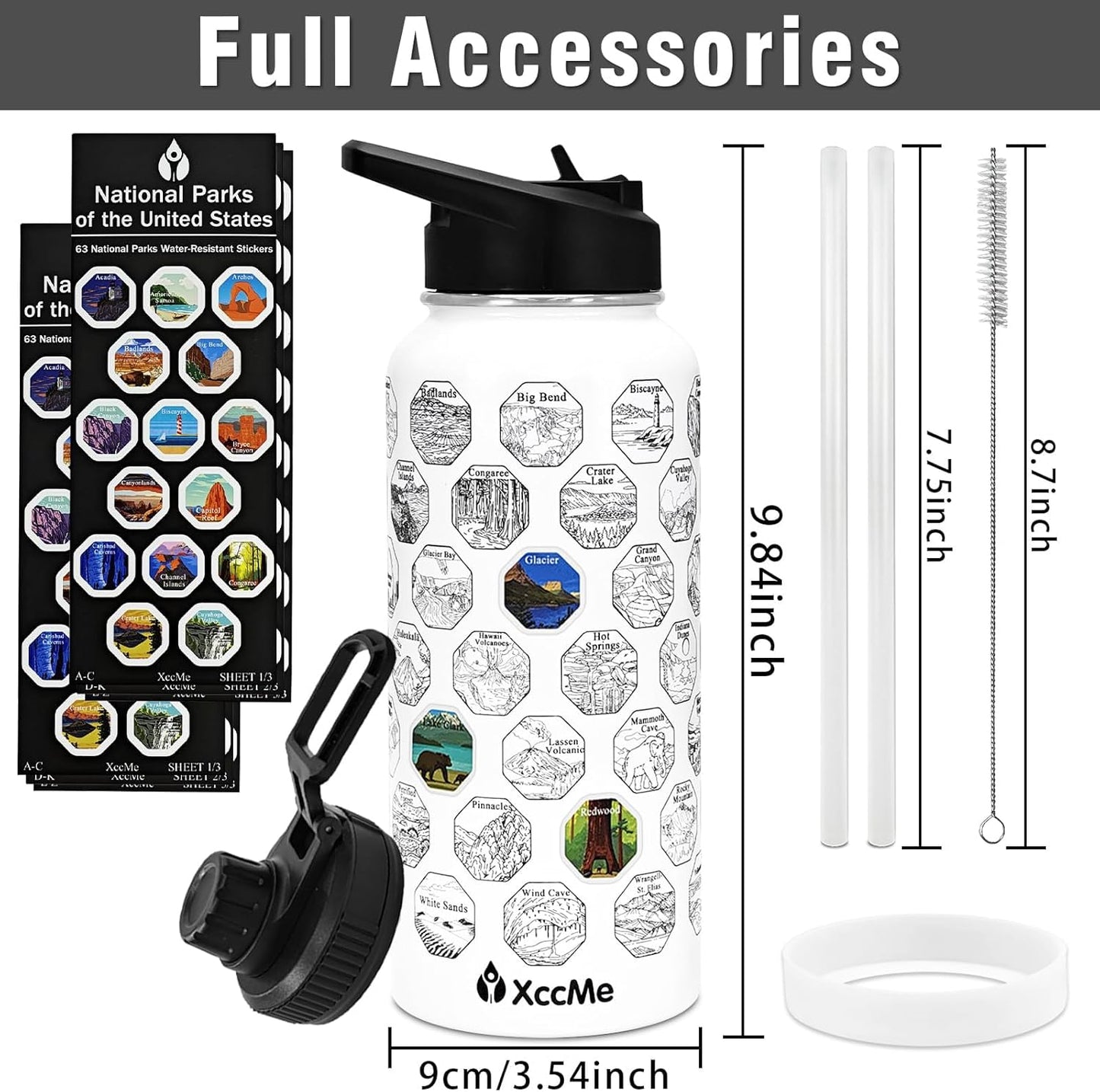 63 National Parks Water Bottle with Stickers,32 Oz Stainless Steel Insulated Water Bottle with Straws,2 Lids,Leak Proof Metal Water Cup for Hiking,Travel,Sports,Camping,Wide Mouth Bottle