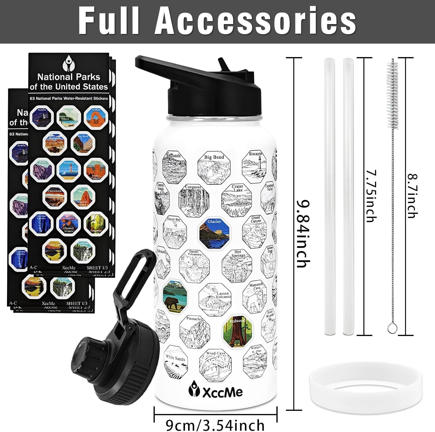 63 National Parks Water Bottle with Stickers,32 Oz Stainless Steel Insulated Water Bottle with Straws,2 Lids,Leak Proof Metal Water Cup for Hiking,Travel,Sports,Camping,Wide Mouth Bottle