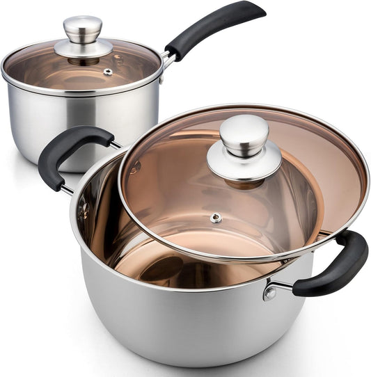 Saucepan and Stockpot Set, Stainless Steel Cooking Stock Pot with Lid, Good Cookware for Kitchen Cooking Boiling, Visible Lid & Heat-Proof Handle, Dishwasher Safe, 2QT & 4QT