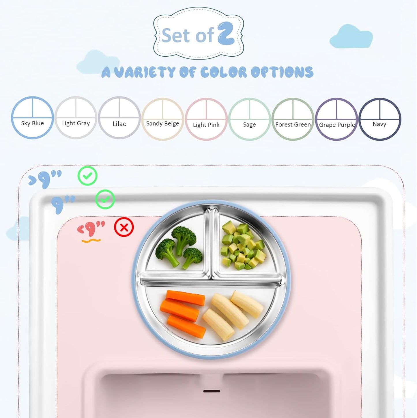 Stainless Steel Toddler Suction Plate with Lid, Deeper 9" Divided Plates with Removable Silicone Sleeves for Kids, Non Toxic & BPA Free | Unbreakable Baby Snack Dishes Set of 2, Blue & Sage