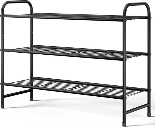 Shoe Rack - Stainless Steel Shoe Organizer, Sturdy Shoe Rack for Closet and Front Door Entrance, Free Standing Shoe Shelf, Closet Organizers and Storage, 25.6" Wide - 3 Tier, Black