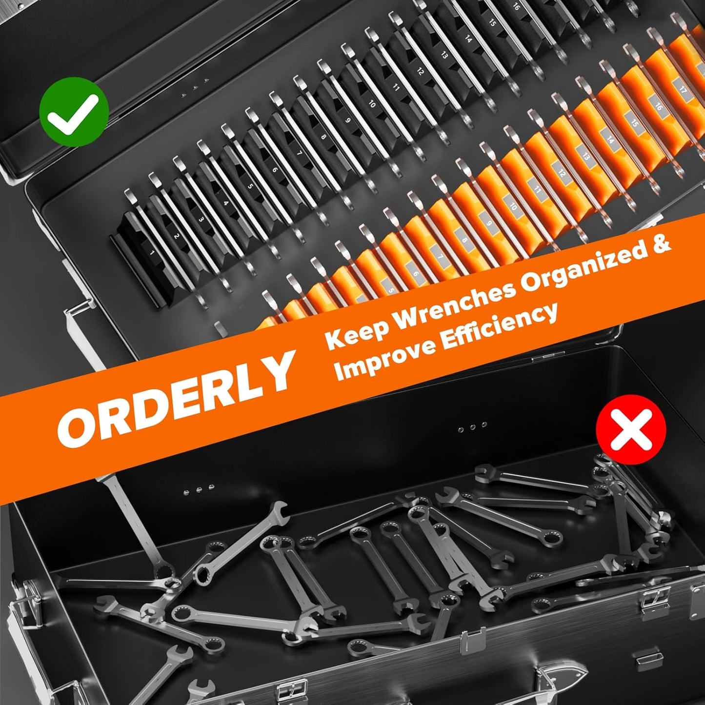 40PCS Modular Wrench Organizer - Wrench Tool Organizers for Tool Drawer Storage, Wrench Storage Set with Metric & SAE Label, Wrenches Rack Tool Gift for Professional Mechanics Men, Black & Orange