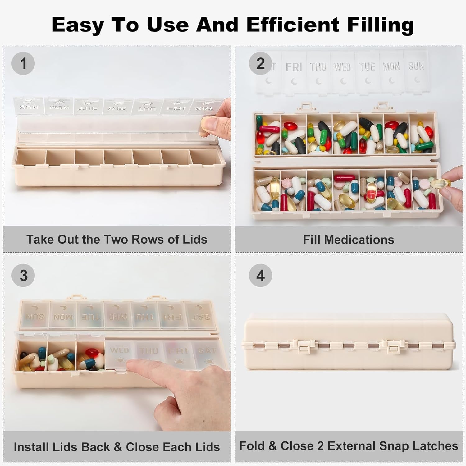 Foldable Pill Organizer 2 Times a Day W/Etched Labels -Dual Protection & Portable Weekly AM PM Pill Box, 7 Day Medicine Container, Large Travel Pill Case for Week Daily Supplement Vitamin - Khaki