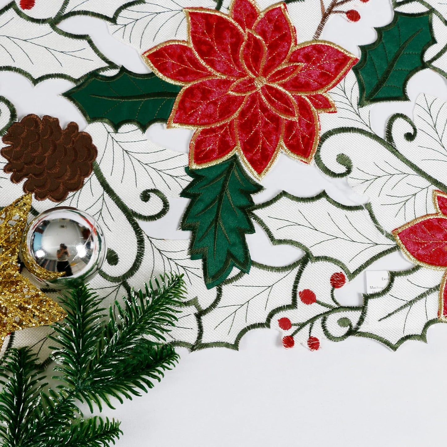 Christmas Table Runner, Embroidered Red Poinsettia Short Table Runner 36 Inches, White Textured Fabric Runner with Applique Velvet Flower for Dining Table, Holiday Table Decoration