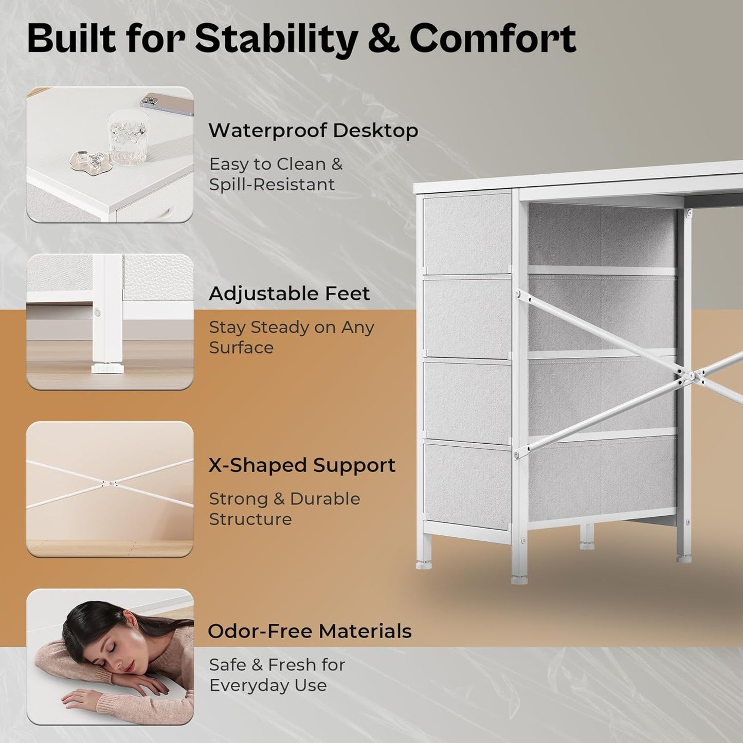 63-Inch L-Shaped Desk with Fabric Drawers, Reversible Computer Gaming Desk Featuring Power Outlets and USB-C Port, Adjustable Side Storage Shelves for Home Office and Study Corner, White