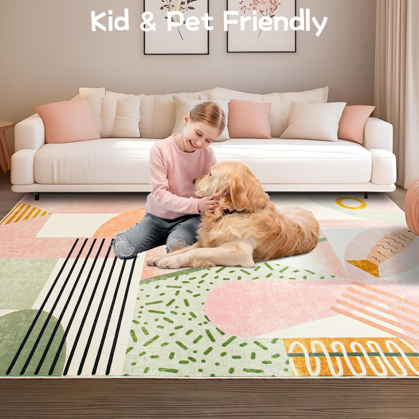 Pink Area Rug for Living Room, 5X7 Indoor Carpet for Bedroom Washable, Non-Slip Abstract Print Kids Rug for Nursery Playroom Classroom Dorm Office Dining Room