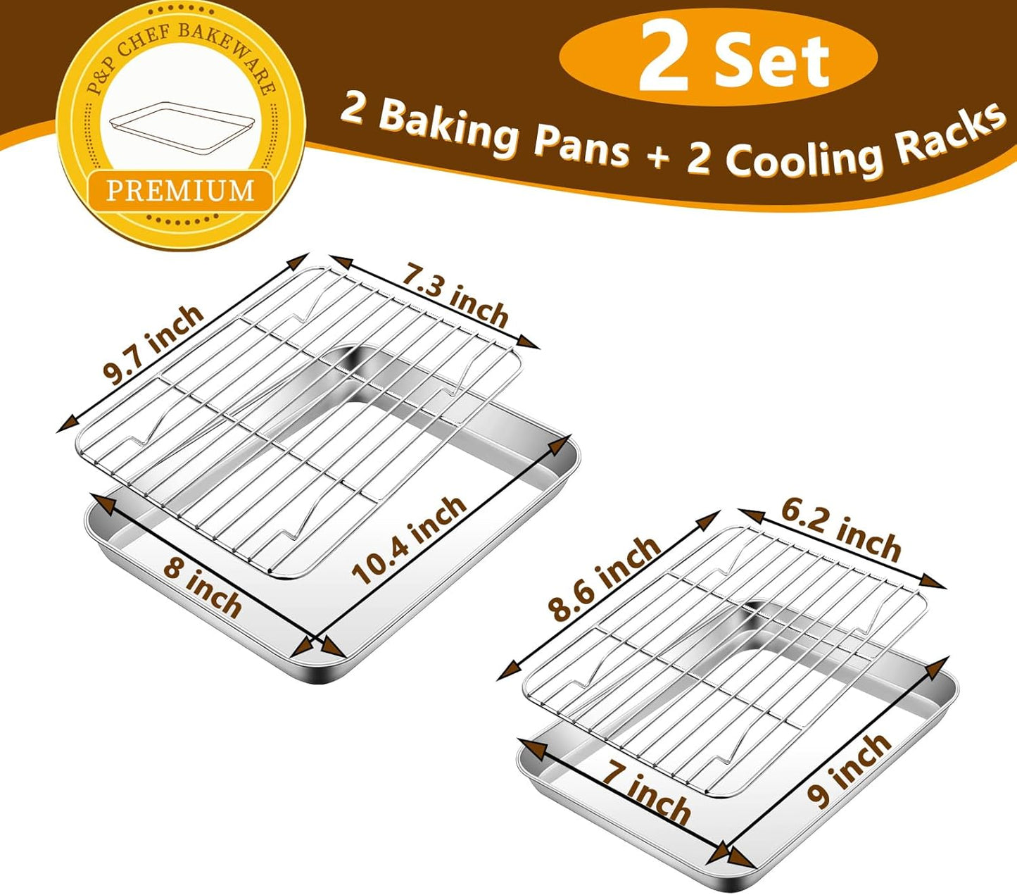 10.4 + 9 Inch Toaster Oven Pans with Racks, 4 Pieces Stainless Steel Oven Tray Baking Pan Sheet and Cooling Rack for Oven Cooking Roasting, Non Toxic & Dishwasher Safe