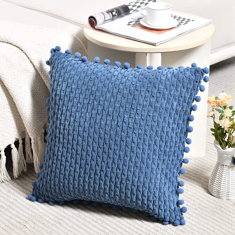 Set of 2 Dusty Blue Decorative Throw Pillow Covers 18X18 Inch with Pom-Poms for Couch Bed Sofa, Rustic Farmhouse Boho Home Decor, Soft Plush Corduroy Cute Cushion Case 45X45 Cm