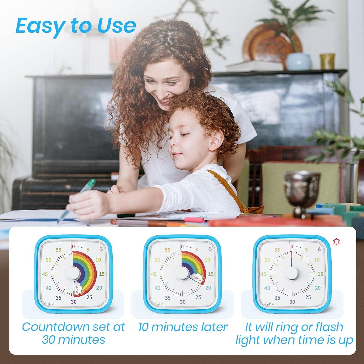 Visual Timer with Protective Case, Rainbow Disk 60 Minute Countdown Timer for Kids and Adults, Silent Time Management Tool(Blue Rainbow)