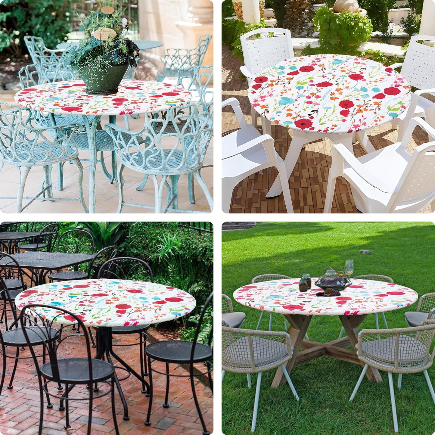 round Fitted Tablecloth with Elastic Edge, 100% Waterproof Oil Proof Plastic Table Cover, Vinyl Flannel Backed Tablecloth Fits 36"-44" round Tables for Dinner, Outdoor, Picnic, Flowers