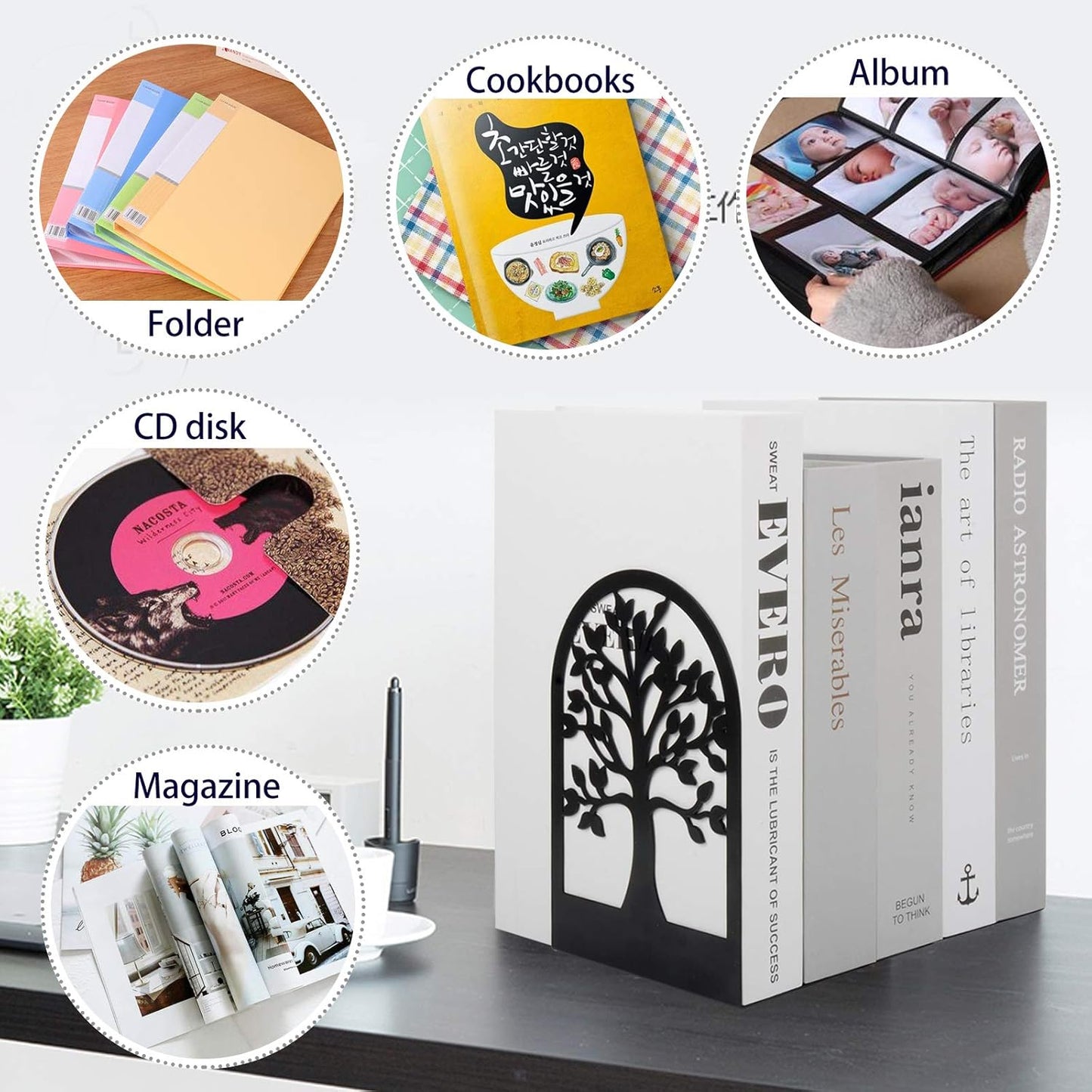 Book Ends, Metal Book Ends to Hold Books, Tree Decorative Bookends for Shelves, Black Book Stopper Bookend for Heavy Books, Book Holder for Shelf Home Office, 6.8 X 4.7 X 3.5(3 Pair/6 Pcs)