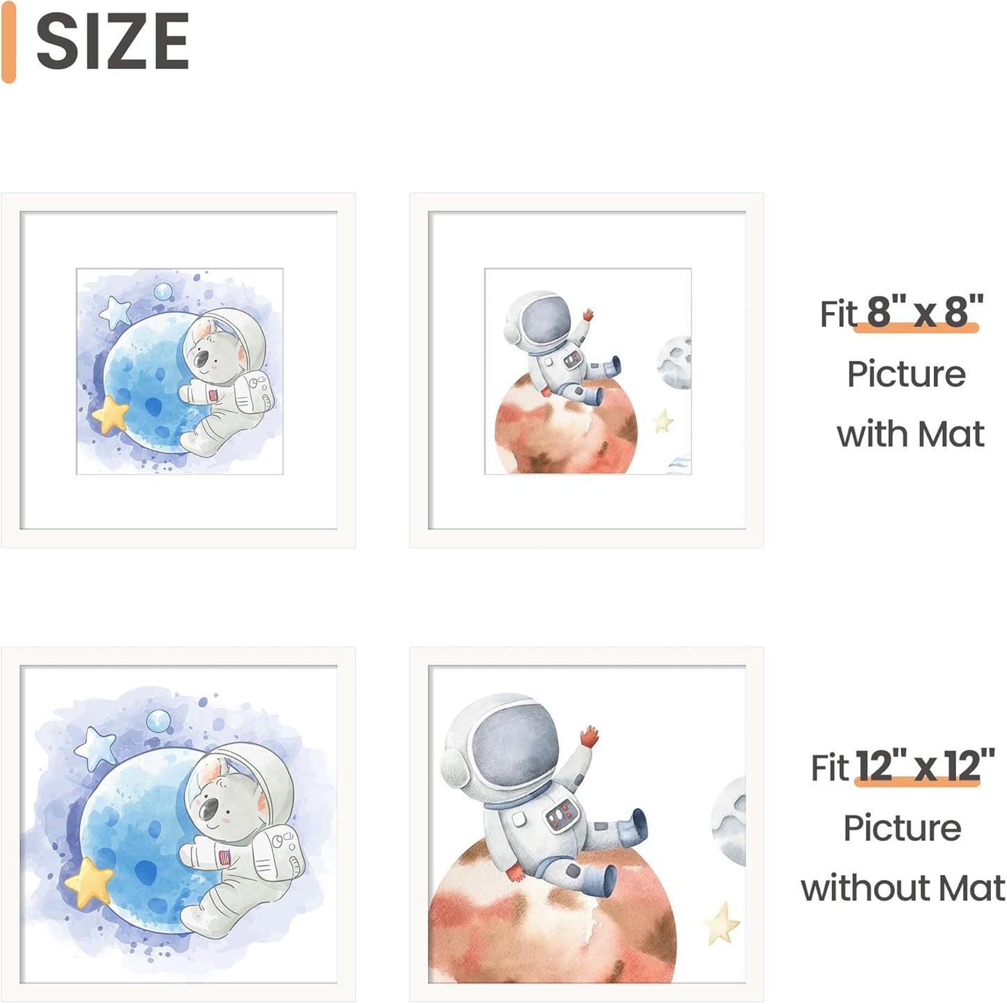 12X12 Picture Frame Made of High Definition Glass, Display Pictures 8X8 with Mat or 12X12 without Mat, Gallery Wall Frame Set, White