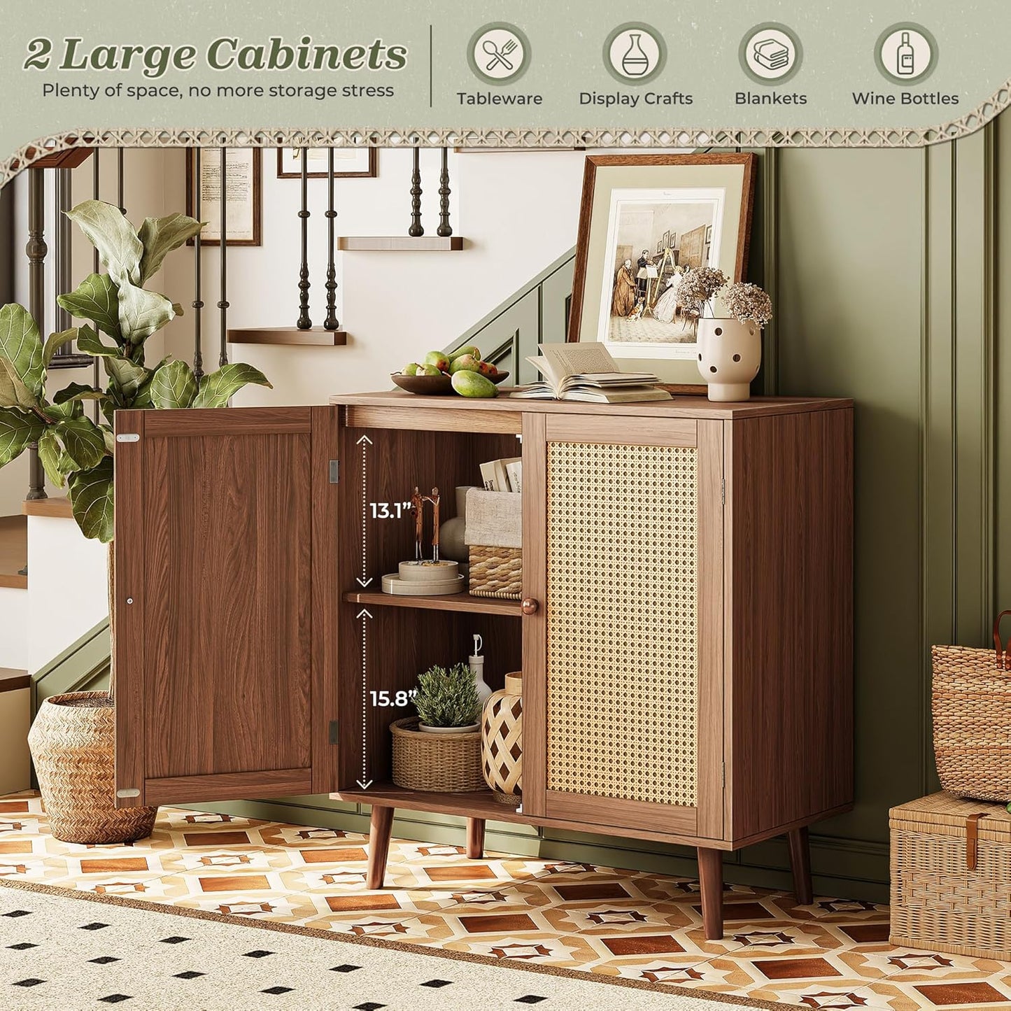 Walnut Buffet Cabinet with Synthetic Rattan Door Accents and Solid Wood Legs for Hallway, Entryway, and Living Room Storage