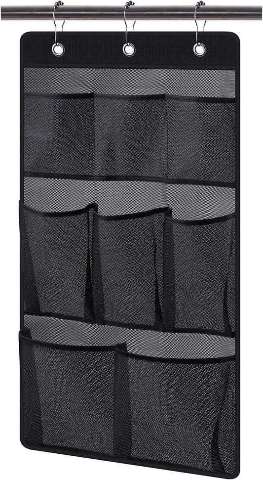 Mesh Shower Caddy Hanging Bathroom Organizer Storage with 2 Large Pockets 3 Rings Hang Curtain Rod for Dorm Cruise RV, Black