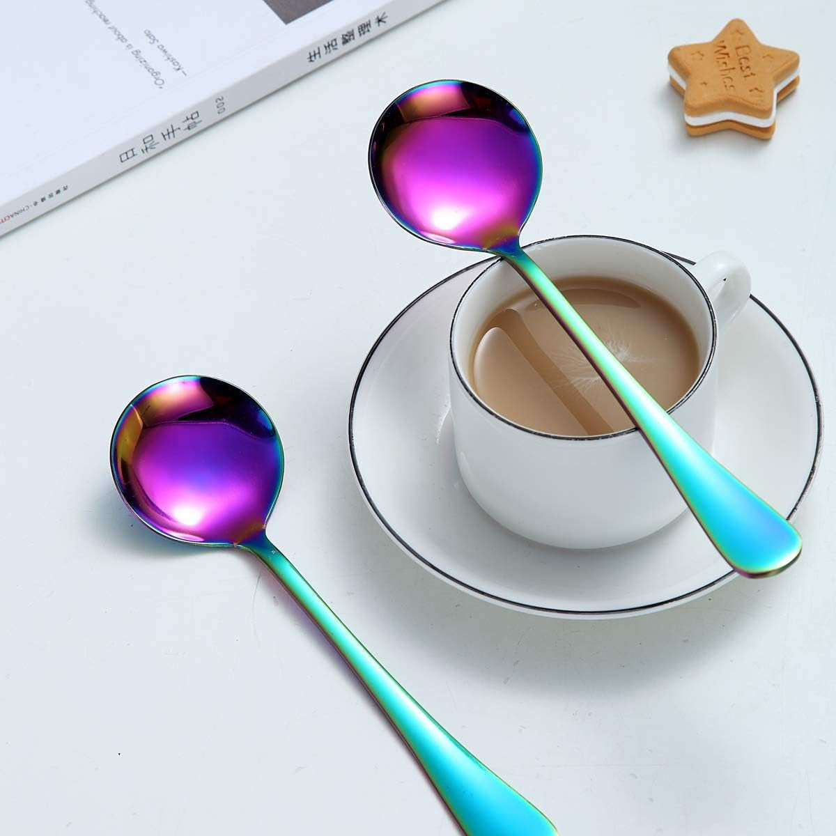 Set of 4 Rainbow Soup Spoons, 7.5" Stainless Steel with Titanium Plating, Multicolor Round Design, Easy to Clean and Dishwasher Safe