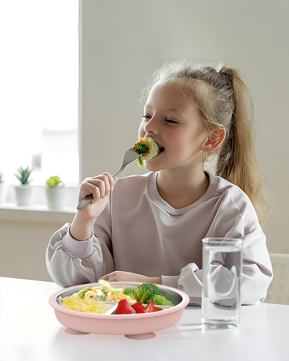 Stainless Steel Toddler Suction Plate with Lid, Deeper 9" Divided Plates with Removable Silicone Sleeves for Kids, Non Toxic & BPA Free | Unbreakable Baby Snack Dishes Set of 2, Pink & Lilac