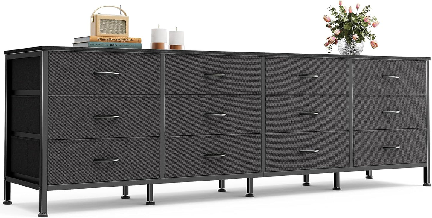 70-Inch Black Dresser and TV Stand for 65-80 Inch TVs with 12 Fabric Drawers - Wide Storage Chest for Bedroom and Living Room