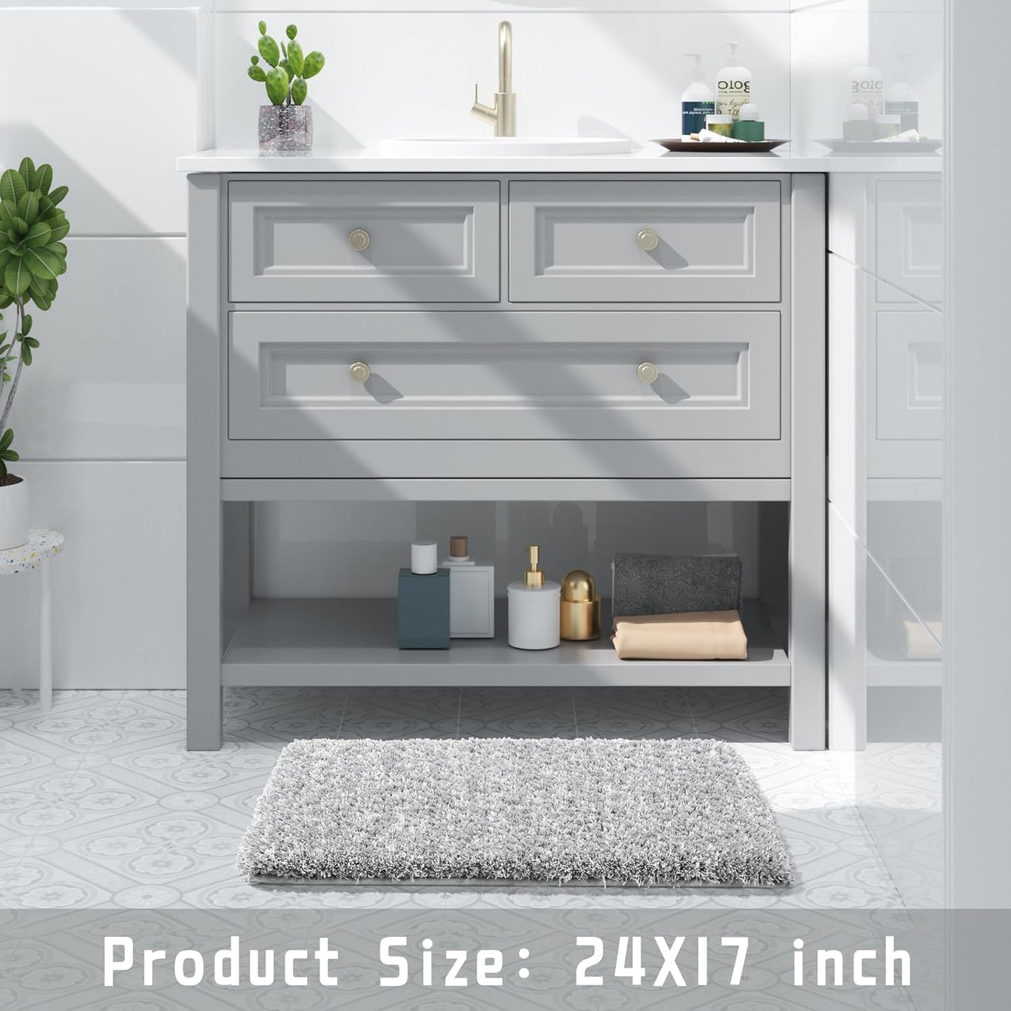 Bathroom Rugs Non Slip Washable 24X17, Ultra Soft and Water Absorbent Bath Mats, Plush Fluffy Shower Mat Outside, Microfiber Thick Matts for Bathroom Floor/Sink, Light Gray and White