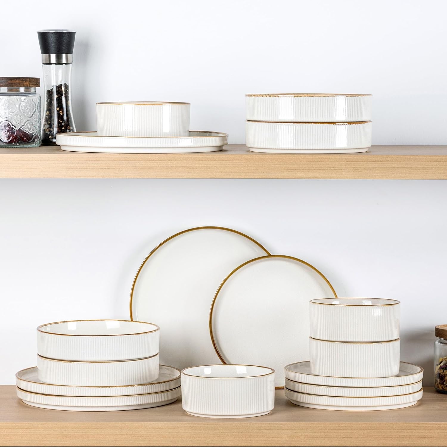 Stoneware Dinnerware Set for Four - Round Reactive Glaze Ceramic Plates and Bowls, Highly Scratch Resistant, Dishwasher and Microwave Safe, 12 Pieces