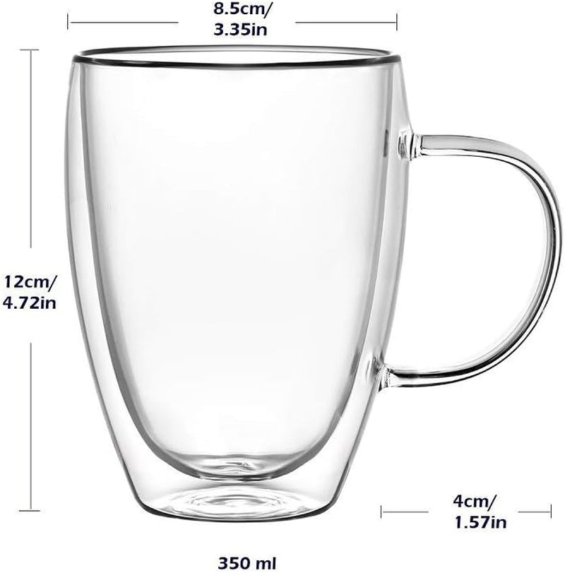 12 Oz Double Walled Glass Coffee Mugs with Handle, Insulated Layer Coffee Cups, Clear Borosilicate Glass Mugs - Gift for Cappuccino,Tea,Latte,Espresso,Hot Beverage,Cold Drinks, Set of 2