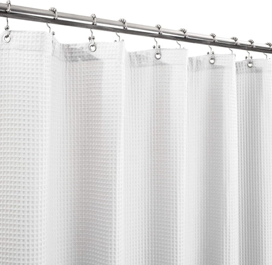 Extra-Long Shower Curtain 80" Height - Honeycomb Waffle Weave & Cotton Blend, Hotel Luxury & Spa, Heavy Weight Fabric, Washable - White, 72X80