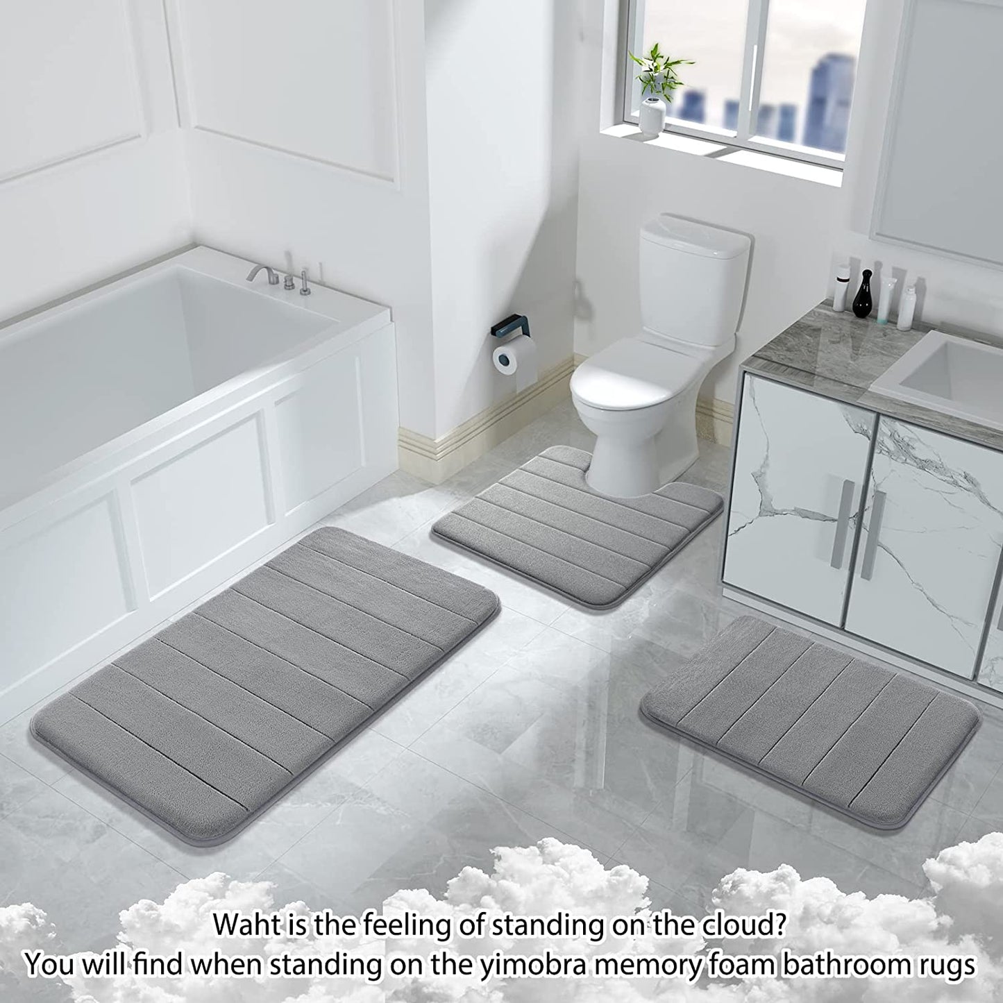 Memory Foam Bath Mat Set 3 Pieces- Super Soft Absorbent Quick Dry Bathroom Rug Sets, Machine Washable Non Slip Floor Carpet for Tub Shower, Vanity & Toilet Base, Gray