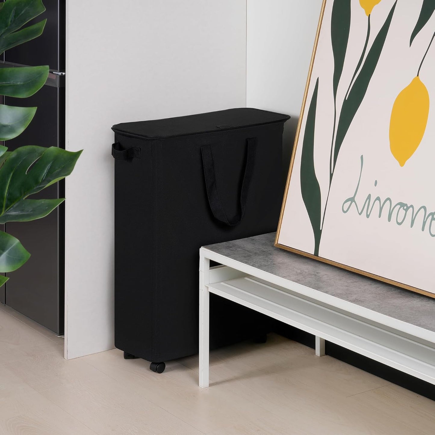 Slim Laundry Hamper with Lid and Wheels, Small Rolling Laundry Basket with Handle for Small Spaces, Tall Dirty Clothes Hampers for Dorm, Bathroom and Bedroom, 75L Black