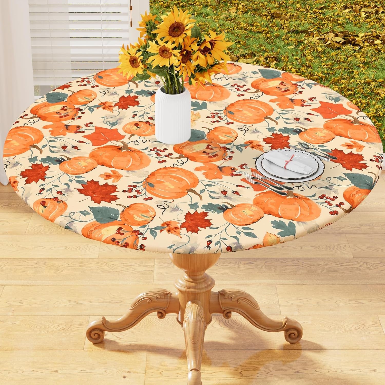 round Fabric Fitted Tablecloth, Elastic Waterproof Oil Proof Table Cloth, Washable Polyester Table Cover Fits 36"-44" round Tables for Outdoor Picnic Dinner, Pumpkin Vine