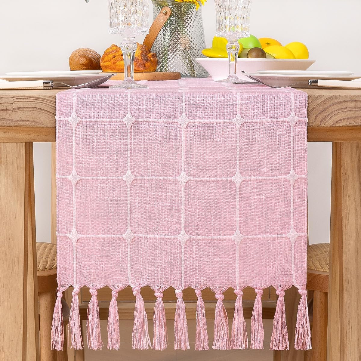 Farmhouse Table Runner 48 Inches Macrame Plaid Coffee Table Runner Cotton Rustic Fall Thanksgiving Table Runner with Tassels for Boho Home Decor Dining Living Room 13X48 Inches Pink