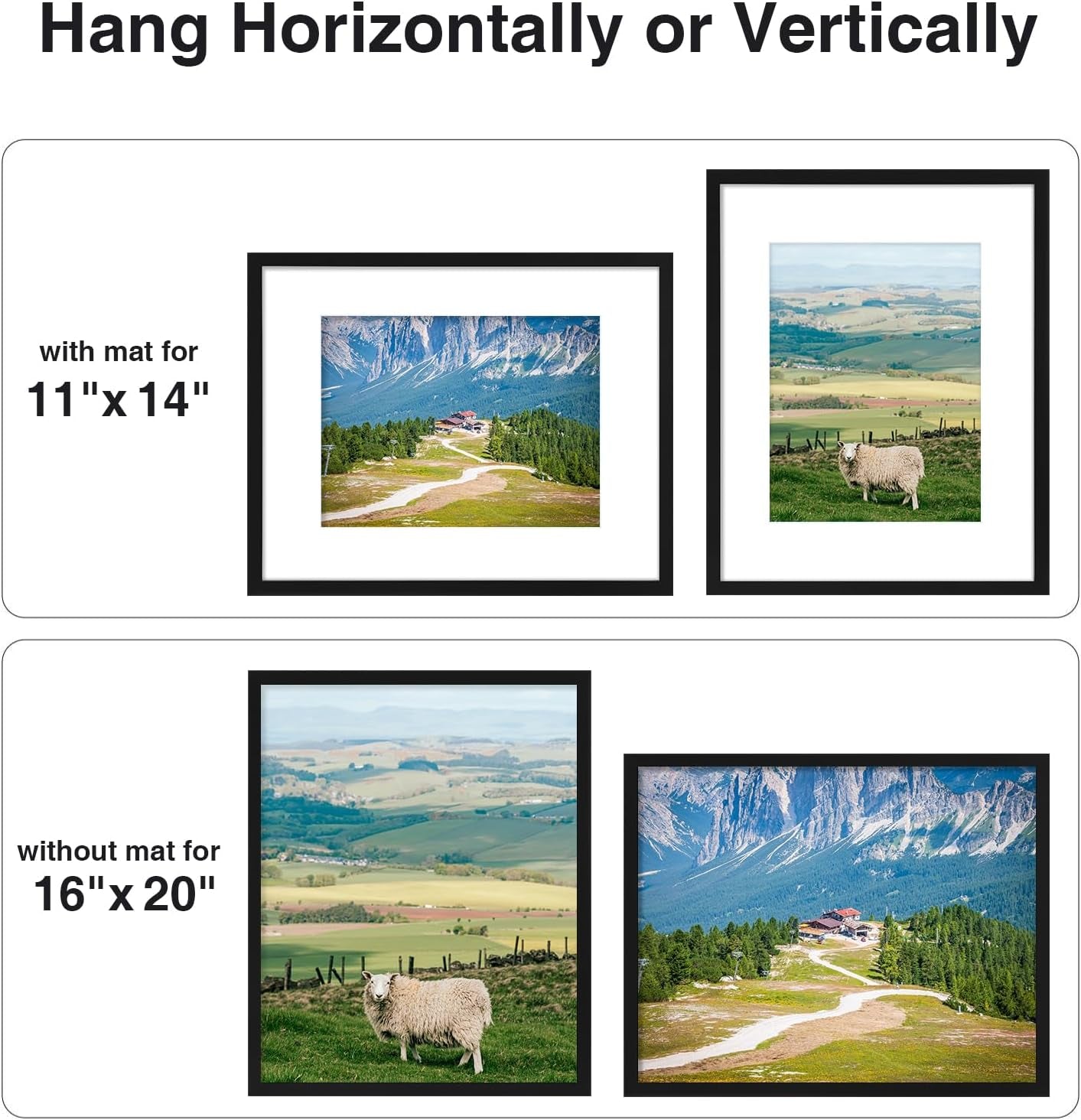 16X20 Picture Frame for Wall, Plexiglass, Displays Poster 11X14 with Mat or 16X20 without Mat, PVC Frame Material, Horizontal or Vertical Hanging, 1 Pack, Black