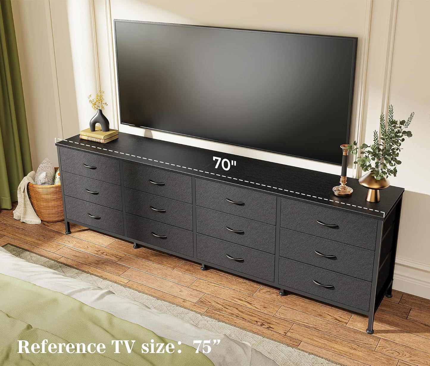 70-Inch Black Dresser and TV Stand for 65-80 Inch TVs with 12 Fabric Drawers - Wide Storage Chest for Bedroom and Living Room