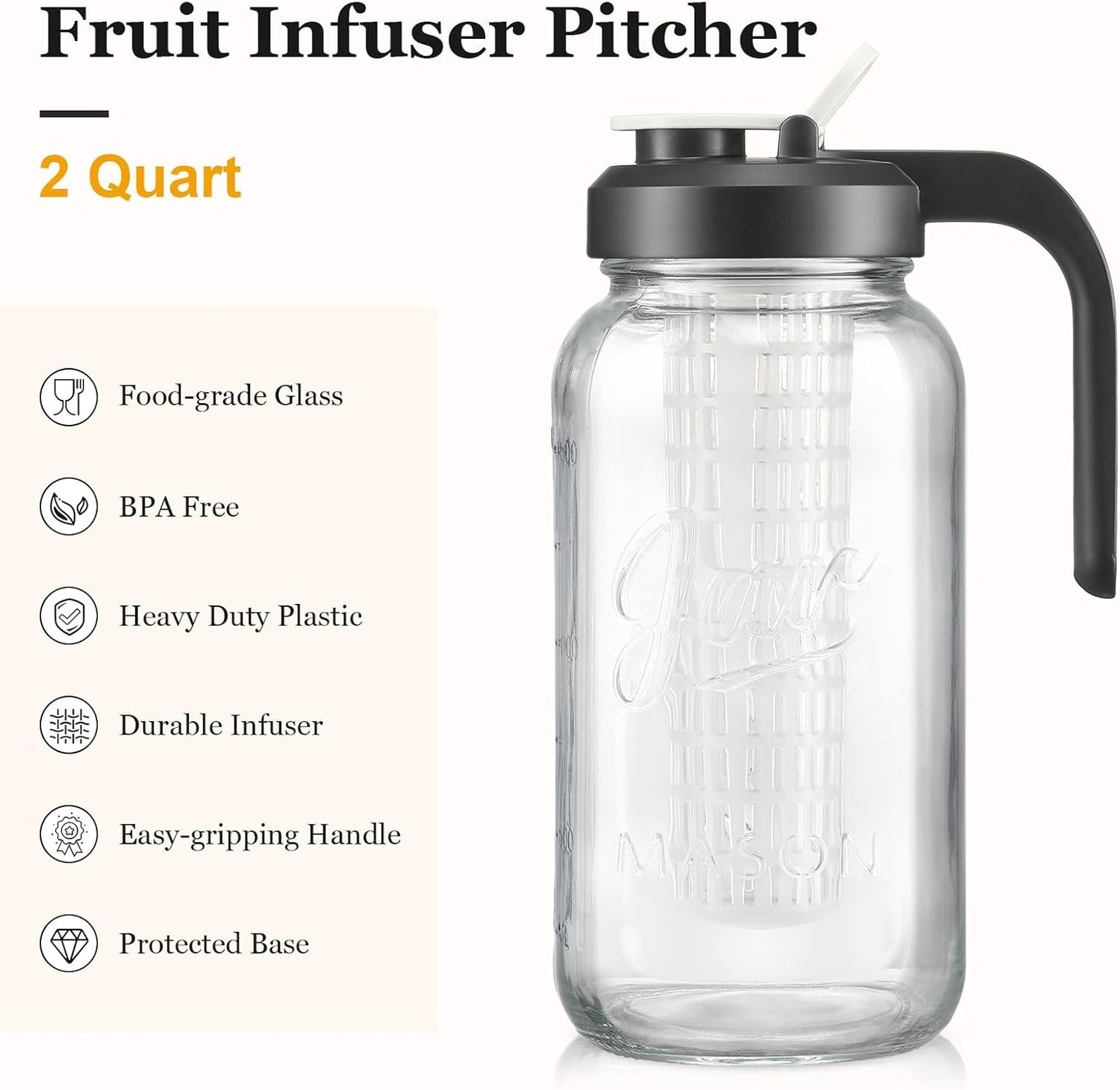 Heavy Duty Mason Jar Fruit Infuser Water Pitcher, Leak-Proof Glass Pitcher with Filter Lid, Wide Mouth Glass Jar - 2 Quart