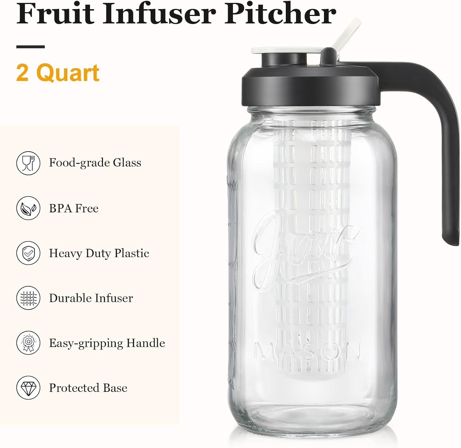 Heavy Duty Mason Jar Fruit Infuser Water Pitcher, Leak-Proof Glass Pitcher with Filter Lid, Wide Mouth Glass Jar - 2 Quart