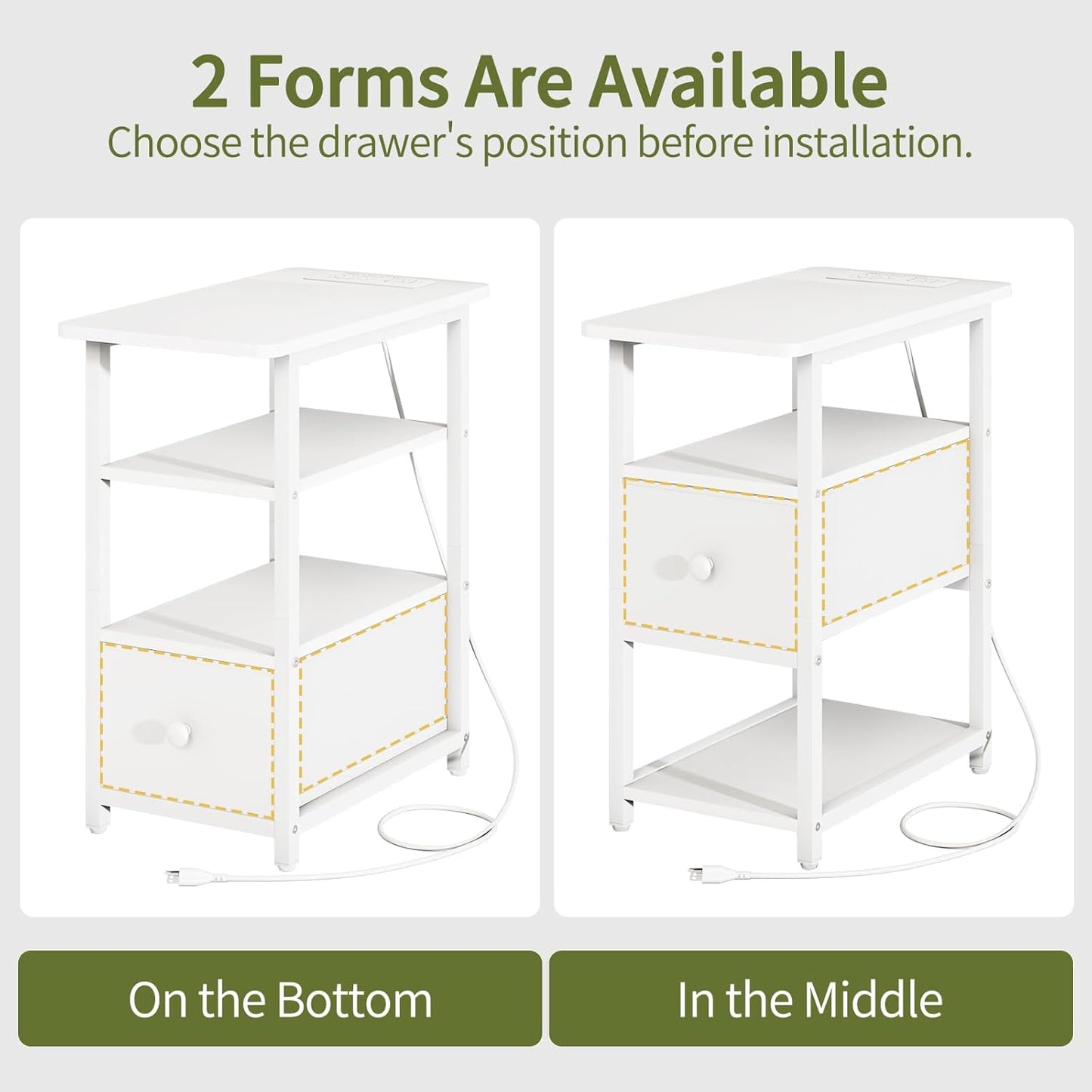 End Table with Charging Station, Narrow Side Table with Adjustable Fabric Drawer, 3-Tier End Tables Living Room, Small Nightstand with Outlets, LED Skinny Night Stand for Bedroom Small Spaces