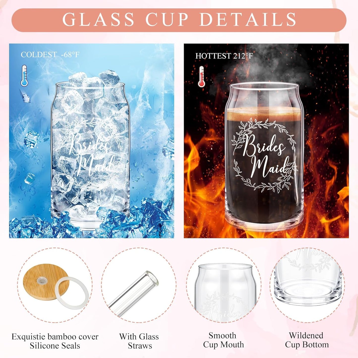 Bridesmaid Gift Box Set of 5 - Includes Glass Cups with Lids, Makeup Bags, Scrunchies, Hair Ties, and Diamond Ballpoint Pens for Wedding Party Favors (Rose Pink)