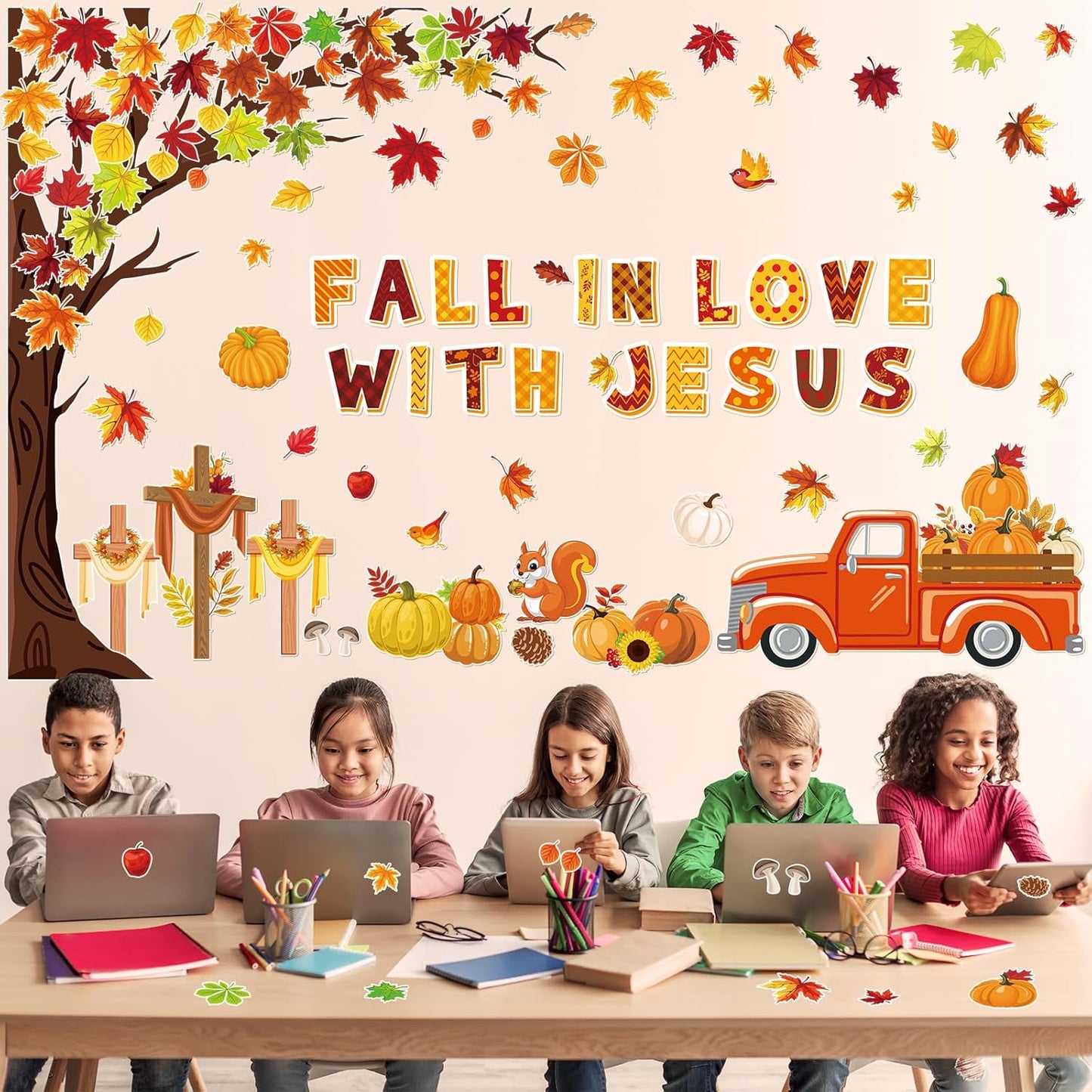 100Pcs Fall in Love with Jesus Bulletin Board Set Fall Christian Decoration Cut-Outs Paper Poster Banner with Fall Tree Leaves Pumpkin Cross Truck Patterned for Religious Church Classroom Decor