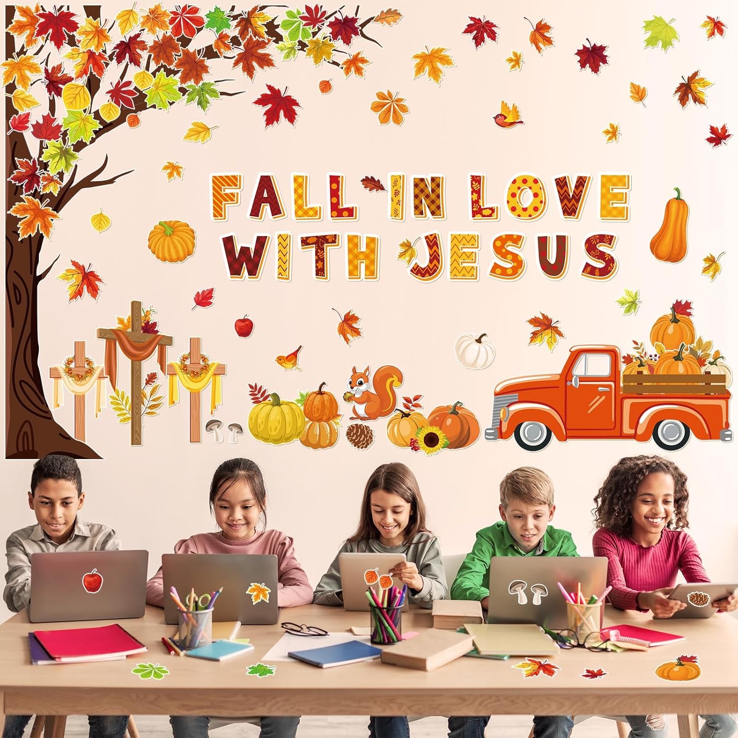 100Pcs Fall in Love with Jesus Bulletin Board Set Fall Christian Decoration Cut-Outs Paper Poster Banner with Fall Tree Leaves Pumpkin Cross Truck Patterned for Religious Church Classroom Decor
