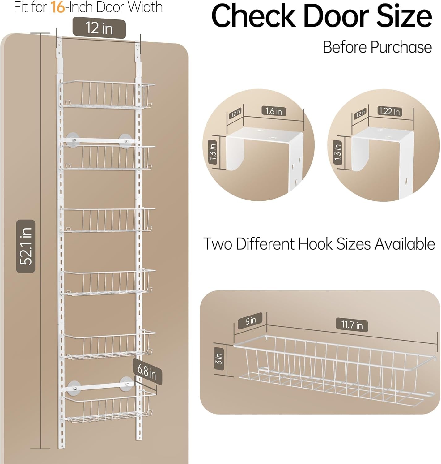 Pantry Door Organizer, Adjustable Metal over the Door Pantry Organizer Rack, 6-Tier over the Door Spice Rack, Kitchen Pantry Door Organizers and Storage, D5 W12 H52.1 Inch, White, Small